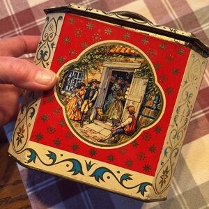 Decorative Antique Tin Container W Handled Lid Made In England Colorful Art Deco